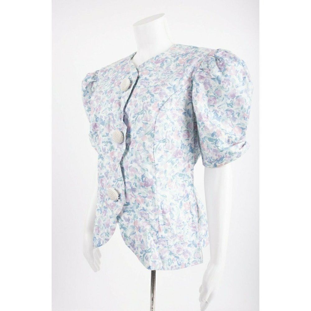 Vintage 1980s Womans Midi Skirt Suit M Blazer Pastel Floral Puff Sleeves Purple - Picture 10 of 12